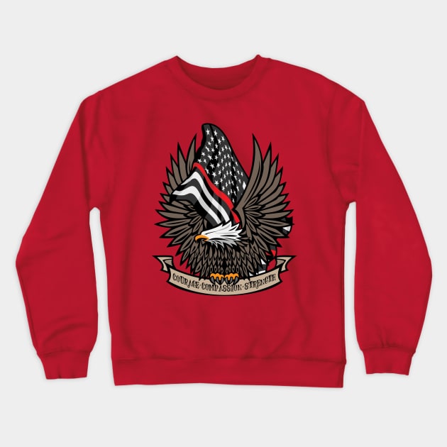 Firefighter/EMT Thin Red Line Flag Courage, Compassion, Strength, with Eagle Crewneck Sweatshirt by hobrath